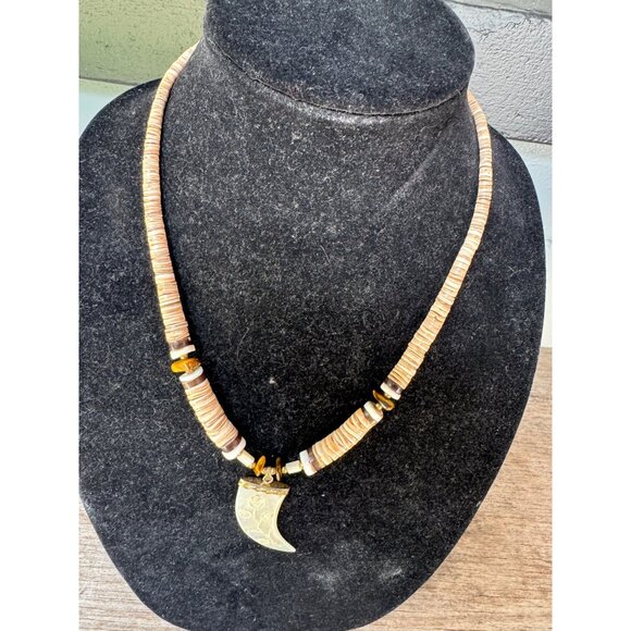 Handcrafted Boho Seashell Necklace With Carved Horn Pendant - Picture 8 of 8